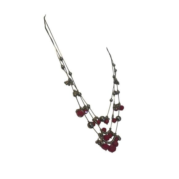 Red Beaded Silver Tone Multi Strand Necklace - Picture 10 of 11